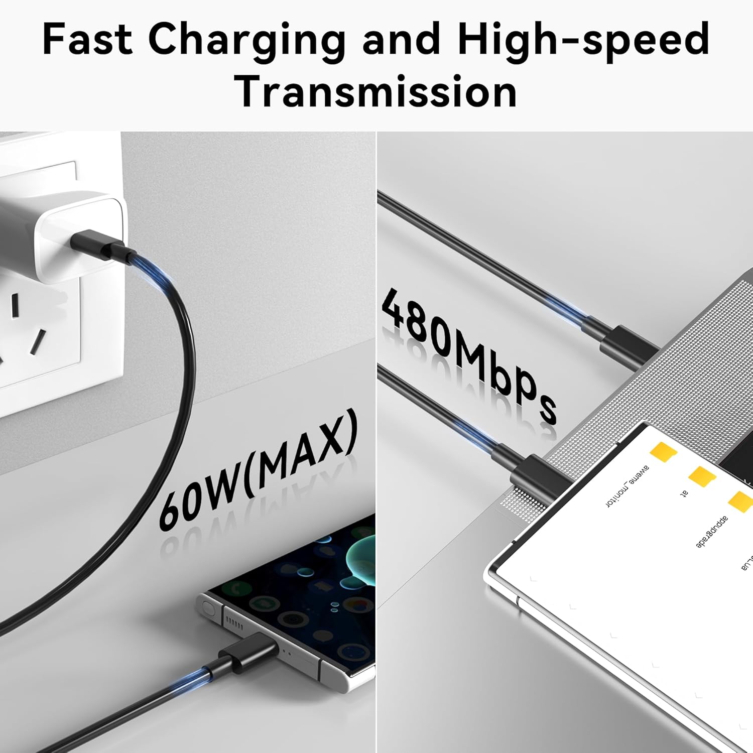 Cable USB C a USB C de 10 pies (paquete de 10), cable de carga rápida tipo C, cargador de 20V3A 60W (máximo) compatible con Samsung S23S22S21S20,