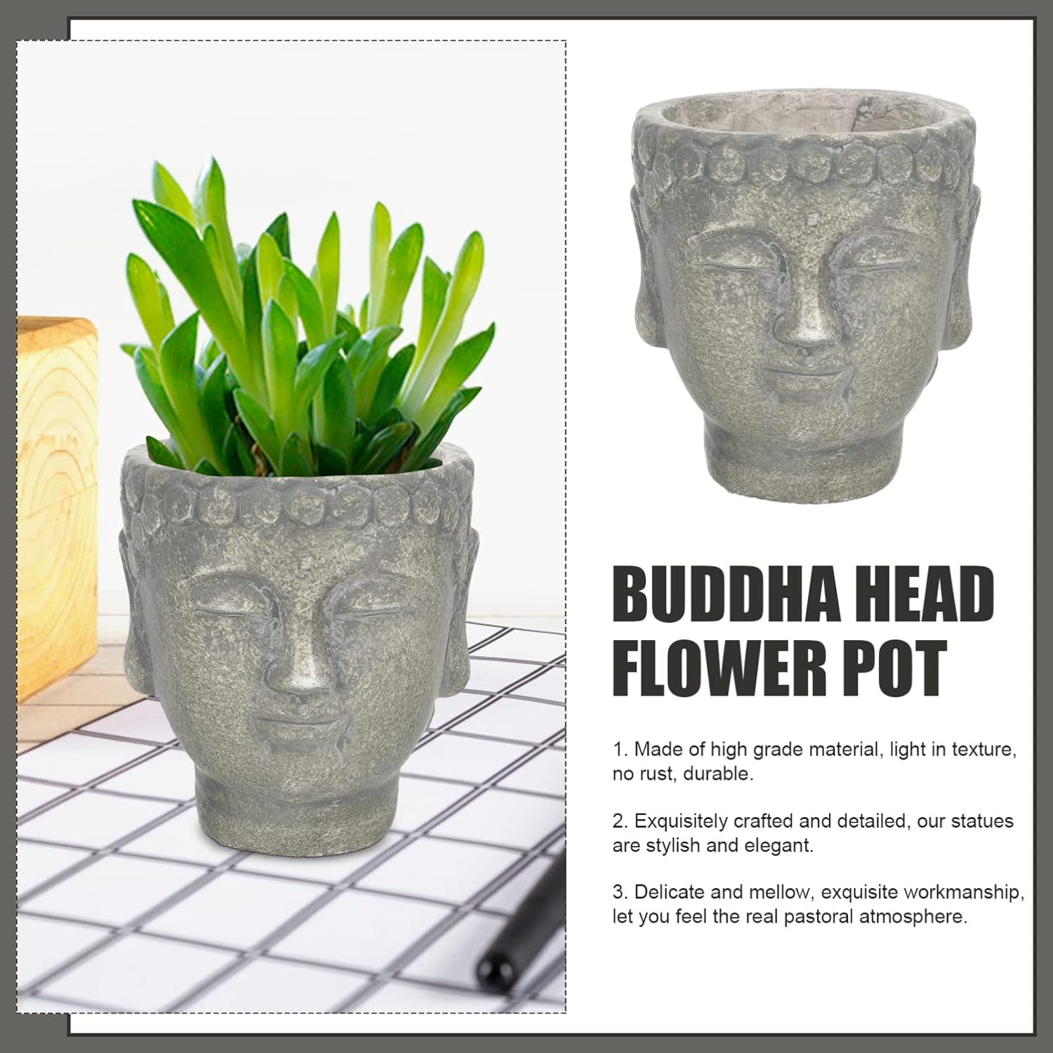 Maceta de Buda, cabeza de buda, estatua de jardín zen, maceta, escultura de budismo, regalos para el hogar, interior y exterior, verde oliva, 5.1 x