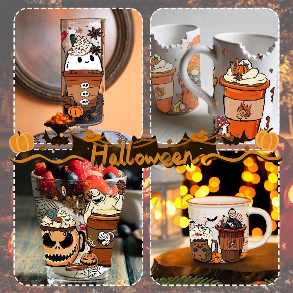 Envoltura de taza Uv Dtf, 10 hojas de calcomanías temáticas de Halloween para tazas de vidrio UV Dtf frotar en transferencias para manualidades,