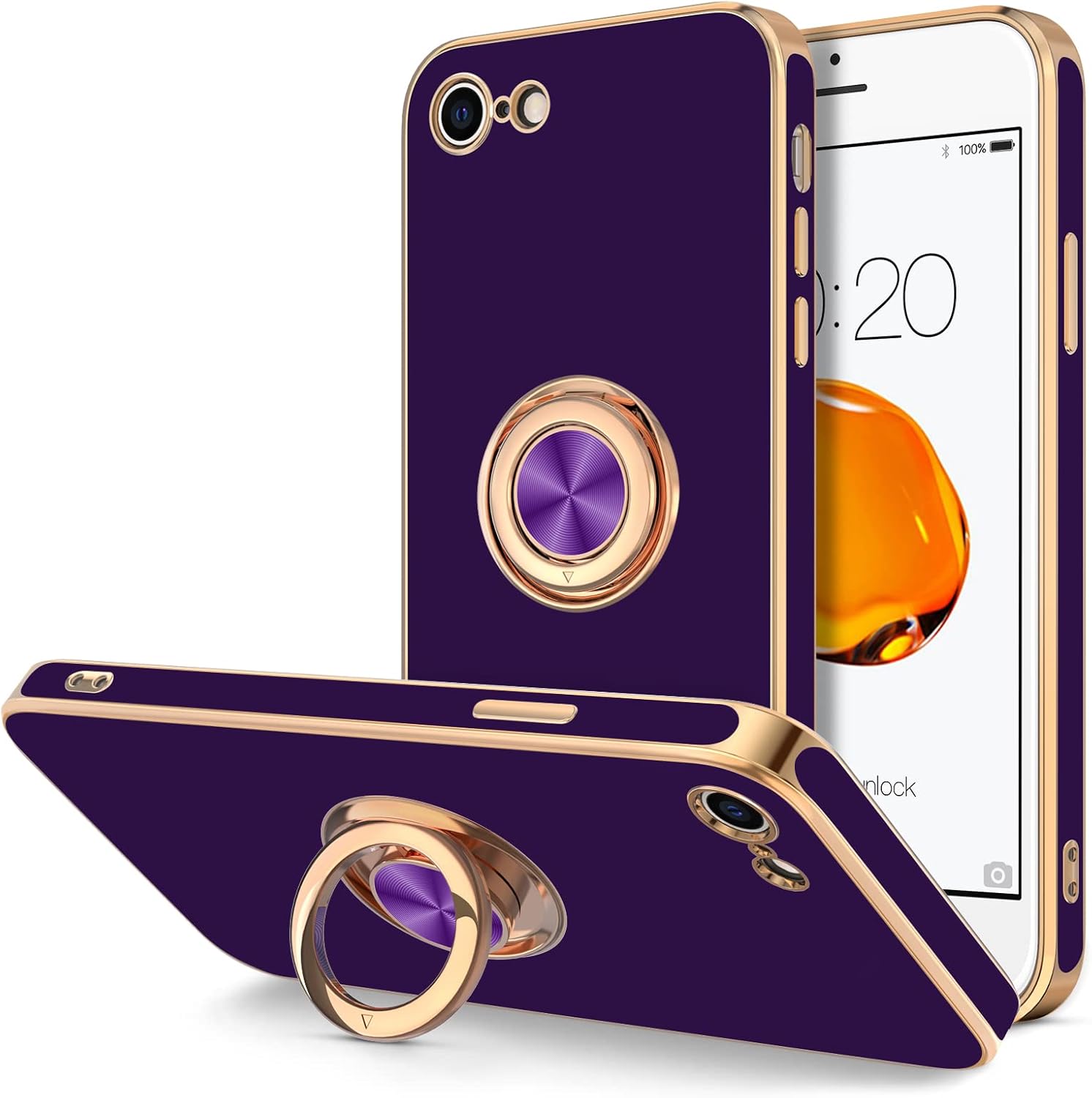 Hython Funda para iPhone SE 20222020, iPhone 8 y 7, soporte de anillo con soporte magnético, chapado en borde dorado, cubierta de poliuretano