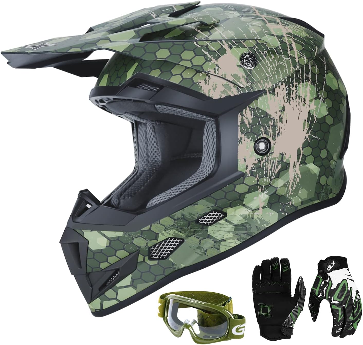 GLX – Casco de cara completa GX623 DOT para motocrós, motocicleta y cuatrimoto todoterreno para niños y jóvenes conjunto de casco de cara completa,
