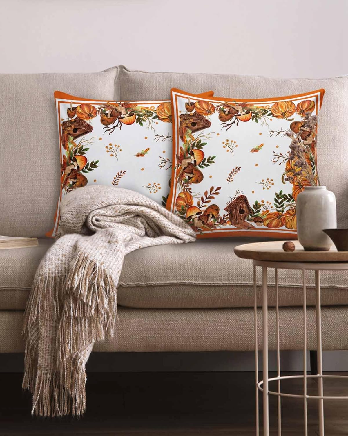 Millxiu 2 Packs Decorative Throw Pillow Covers for Sofa, Leaves Pumpkin Farm Autumn Thanksgiving 18×18 inch Plush Cotton Pillowcases Cushion Case