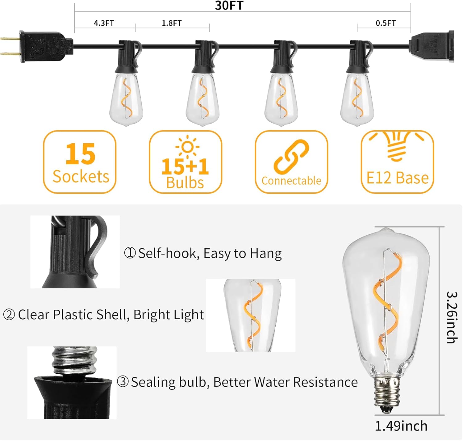 Guirnalda de luces LED para exteriores de 30 pies, impermeable, 2200 K ST38, luces LED para exteriores para patio con 16 bombillas Edison vintage