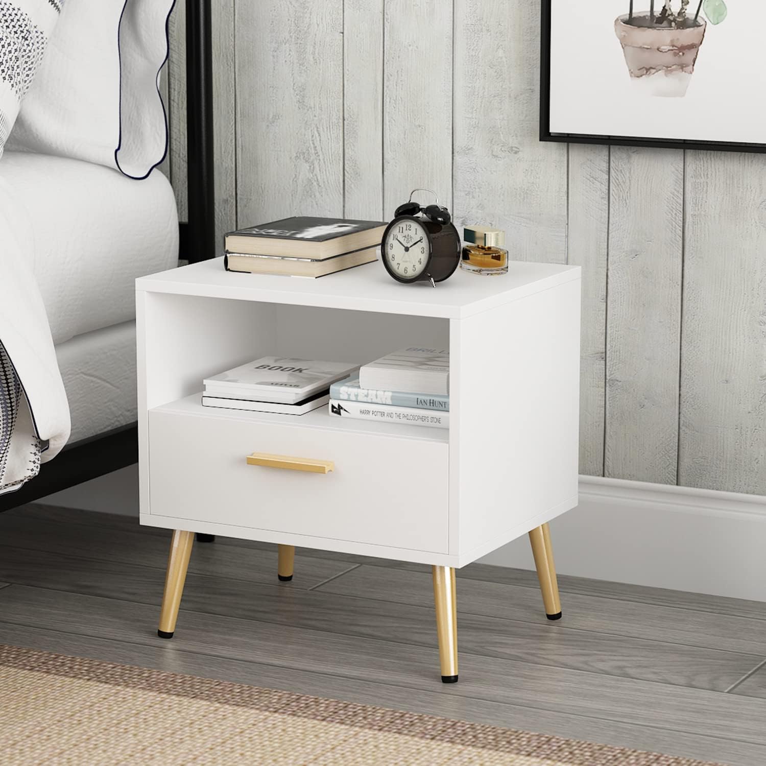 ECACAD Moderna mesita de noche con cajón y estante abierto, mesa auxiliar con patas de metal dorado para dormitorio, sala de estar, color blanco