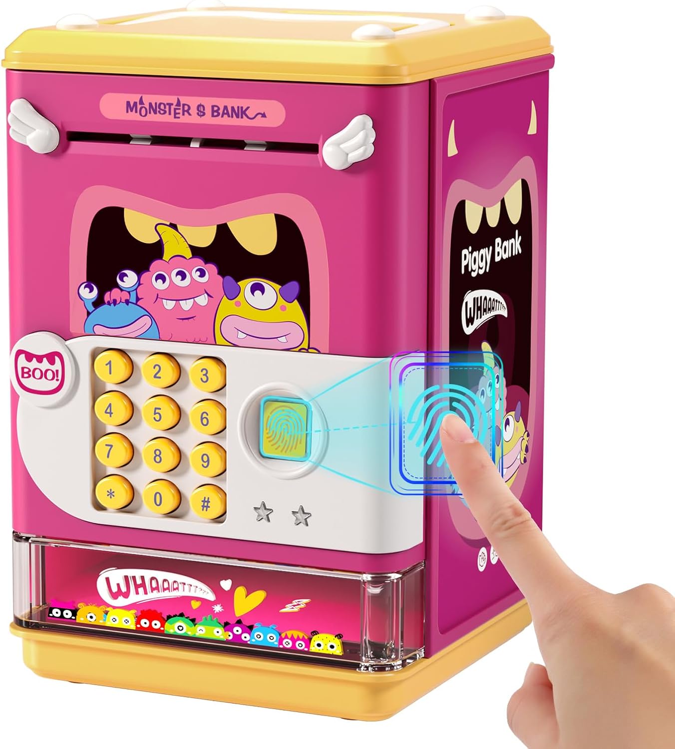 Deejoy Alcancía para niños, mini cajero automático electrónico con contraseña personal y desbloqueo de huellas dactilares, música y luz nocturna, el