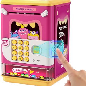 Deejoy Alcancía para niños, mini cajero automático electrónico con contraseña personal y desbloqueo de huellas dactilares, música y luz nocturna, el Deejoy Alcancía para niños, mini cajero automático electrónico con contraseña personal y desbloqueo de huellas dactilares, música y luz nocturna, el