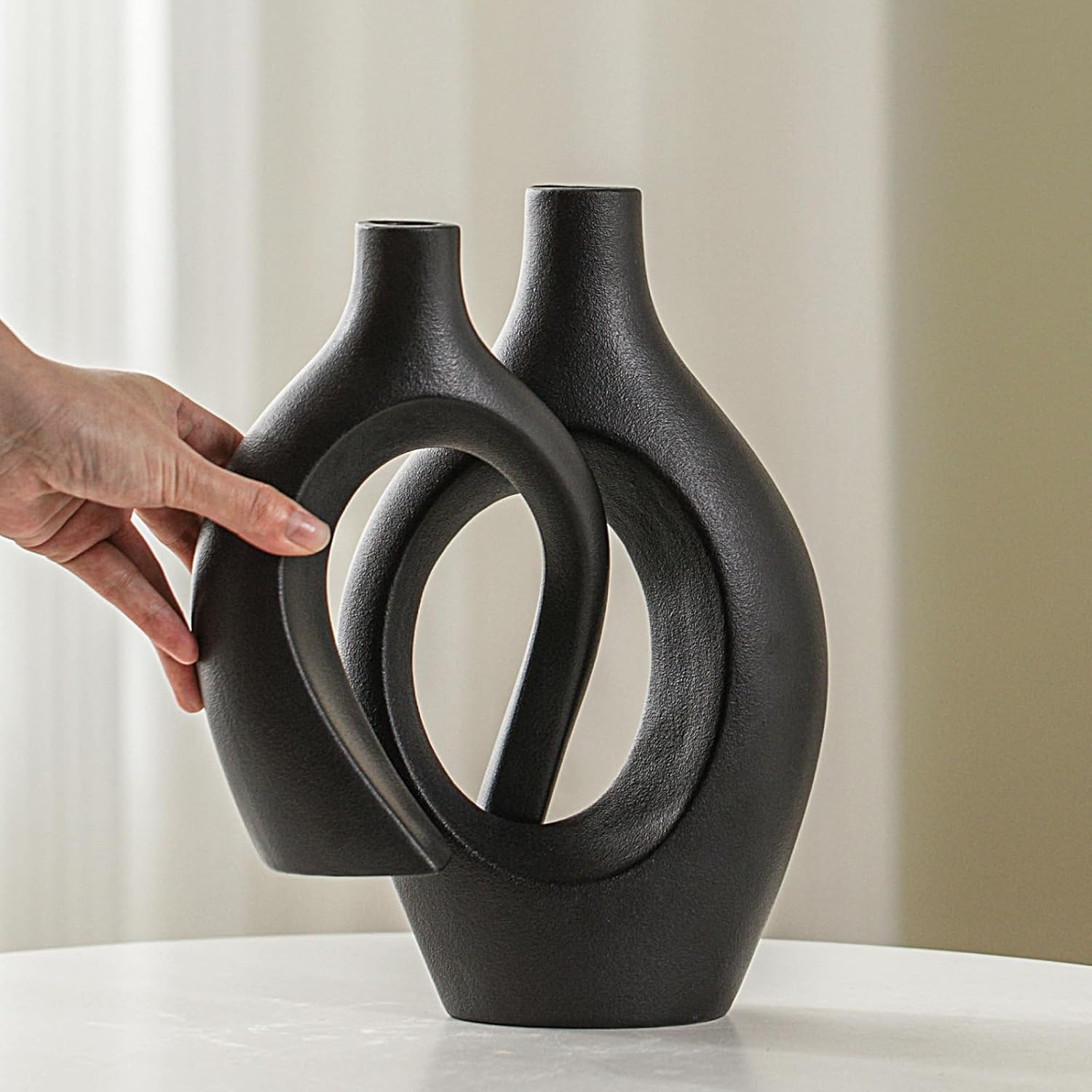 Lvases Juego de 2 jarrones de cerámica negro mate para decoración moderna de estantes, jarrones de flores estéticos de pampas de estilo bohemio