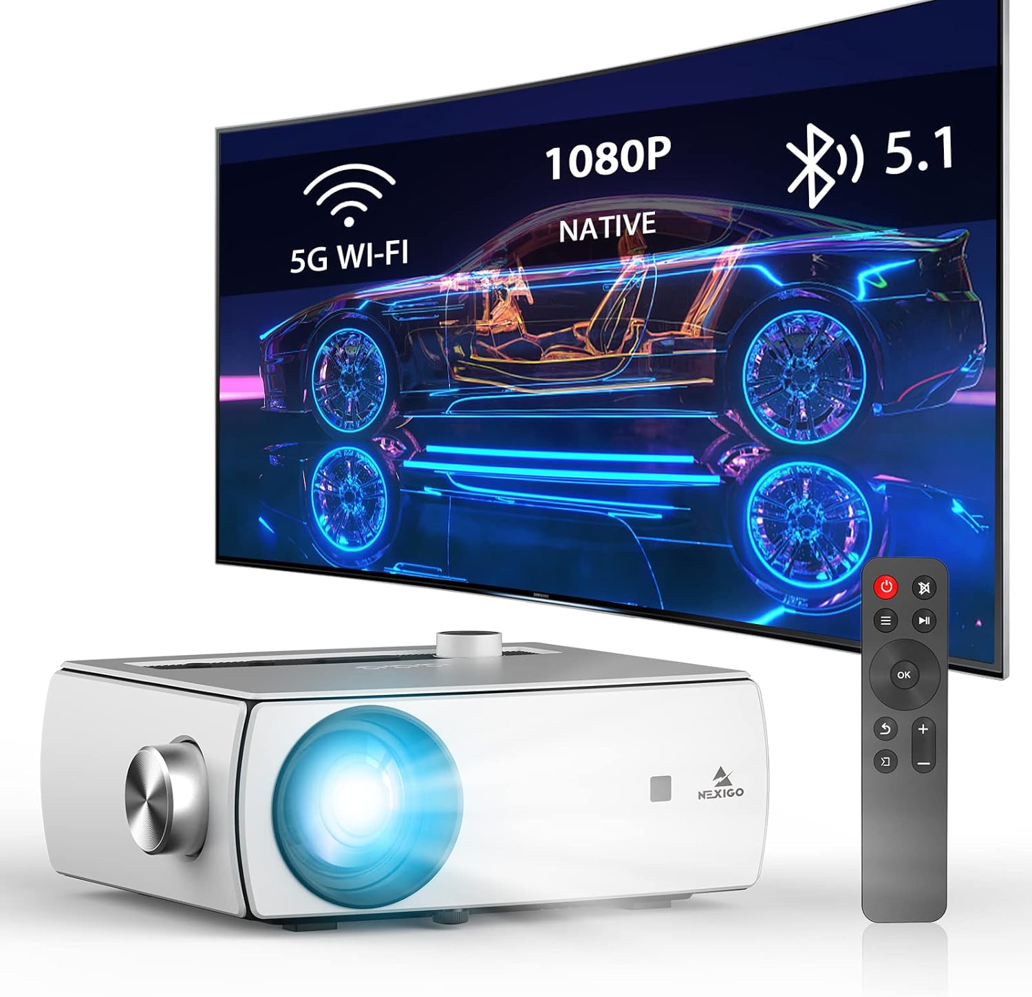NexiGo Proyector Bluetooth WiFi PJ10 300ANSI – Brillo de más de 8000 lux Proyector de película nativo 1080P, soporte Dolby_Sound, control remoto,