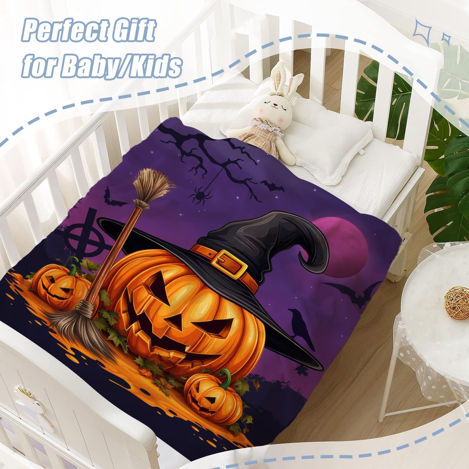 Neatee Living Manta de Halloween con diseño de calabazas moradas, manta de bruja para bebé, manta para mascotas, ligera, mullida, suave, manta de