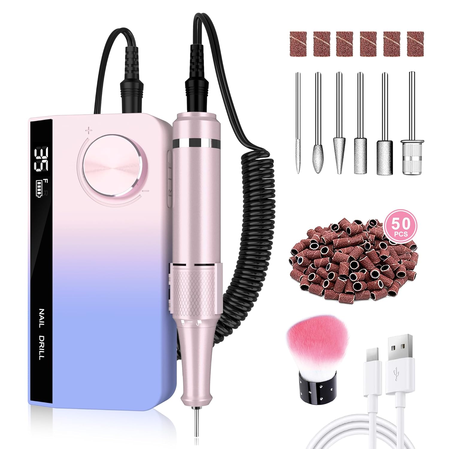 Taladro de uñas profesional, kit eléctrico de uñas de gel acrílico, lima E portátil, 35000 rpm, recargable, manicura, pedicura, herramientas de