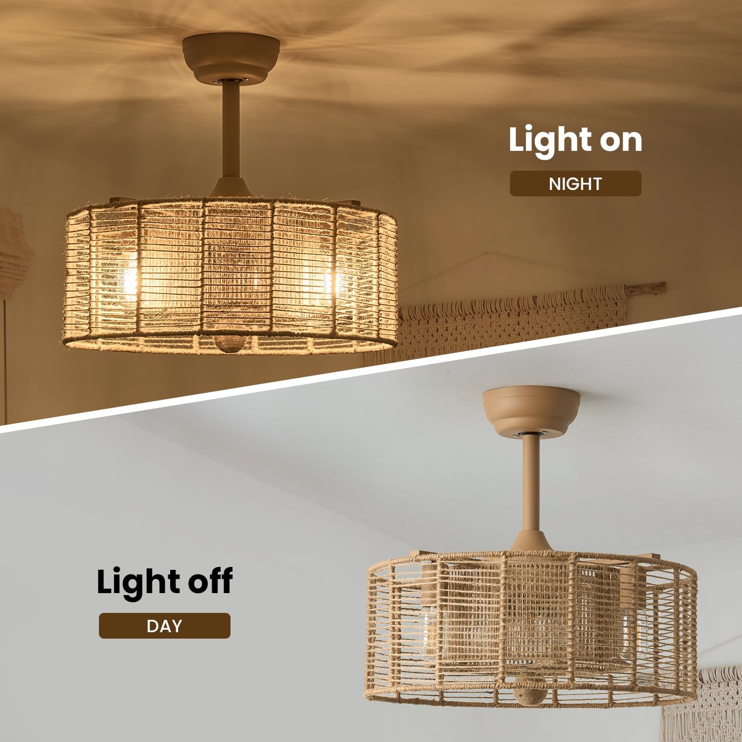 Ventilador de techo bohemio de 20 pulgadas con luces y control remoto, ventilador de techo enjaulado de ratán con luz, 6 velocidades cerradas para