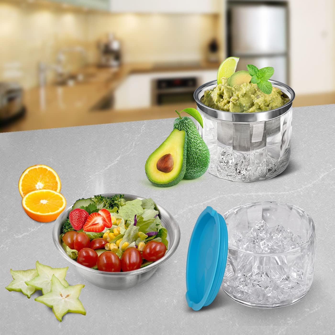 Cuencos de hielo para servir alimentos fríos, paquete de 2, platos enfriadores de inmersión de 25 onzas para salsas, salsa, guacamole, ensalada,