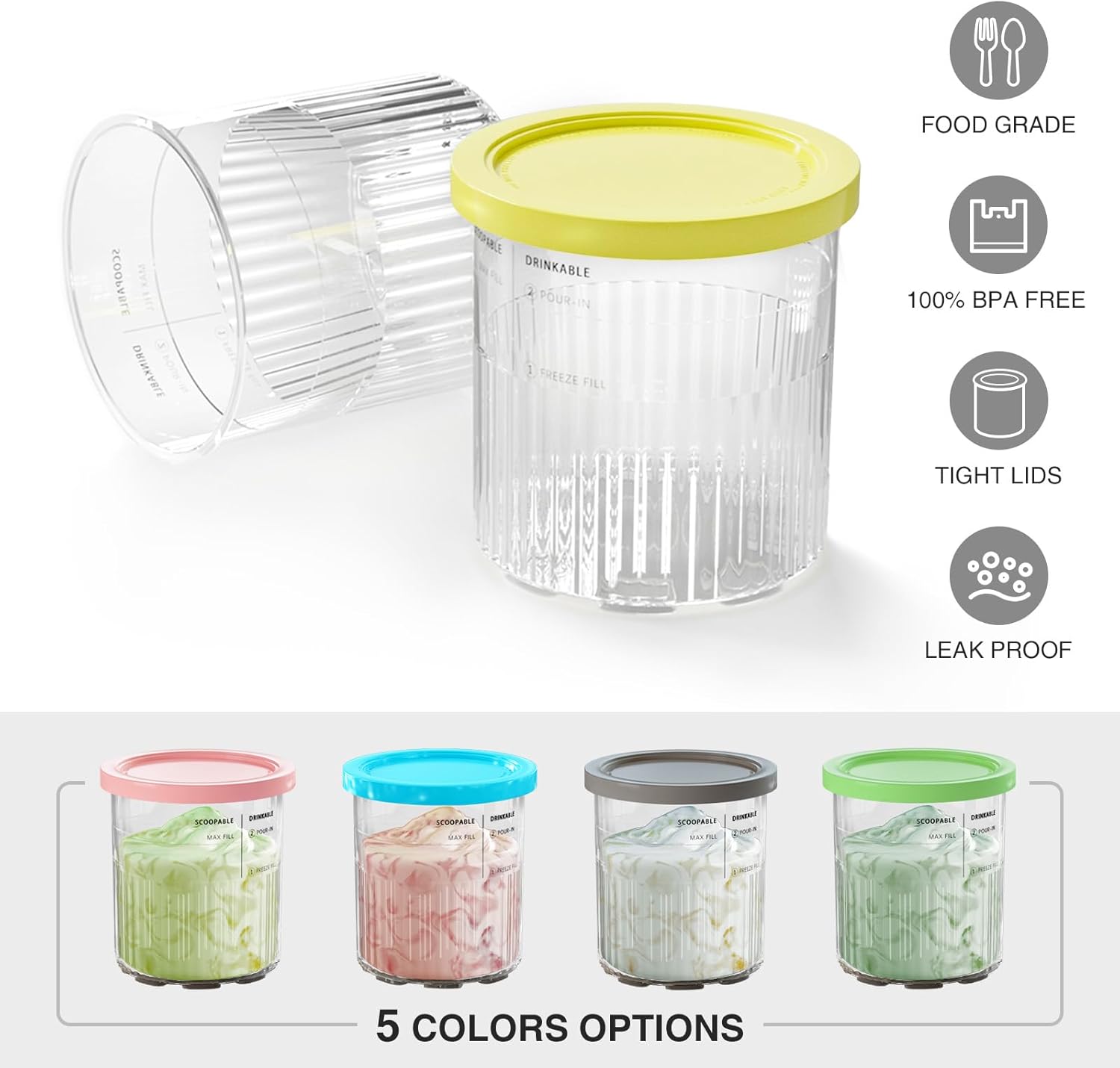 Paquete de 2 recipientes para helado Ninja Creami Deluxe, 24 onzas, para pintas y tapas de repuesto, compatibles con Ninja 11 en 1 serie NC501