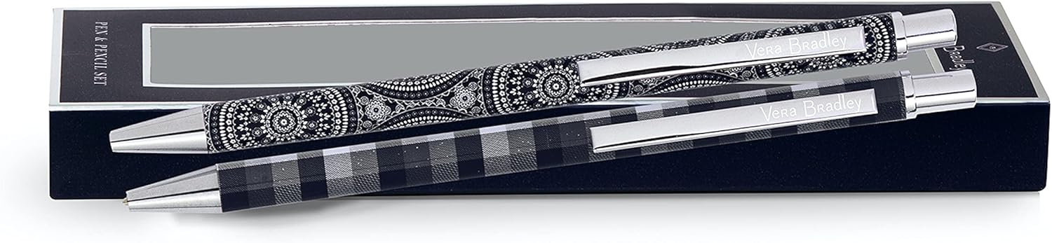 Vera Bradley Juego de bolígrafo y lápiz de metal, bolígrafo de tinta negra, lápiz mecánico con punta de borrador, medallón bandana