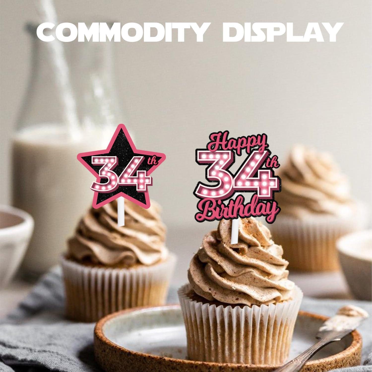 18 piezas de cupcakes de postre con purpurina rosa con 34 letras Let’s Glow Crazy Party Theme Party Suministros de decoración para niñas y damas,