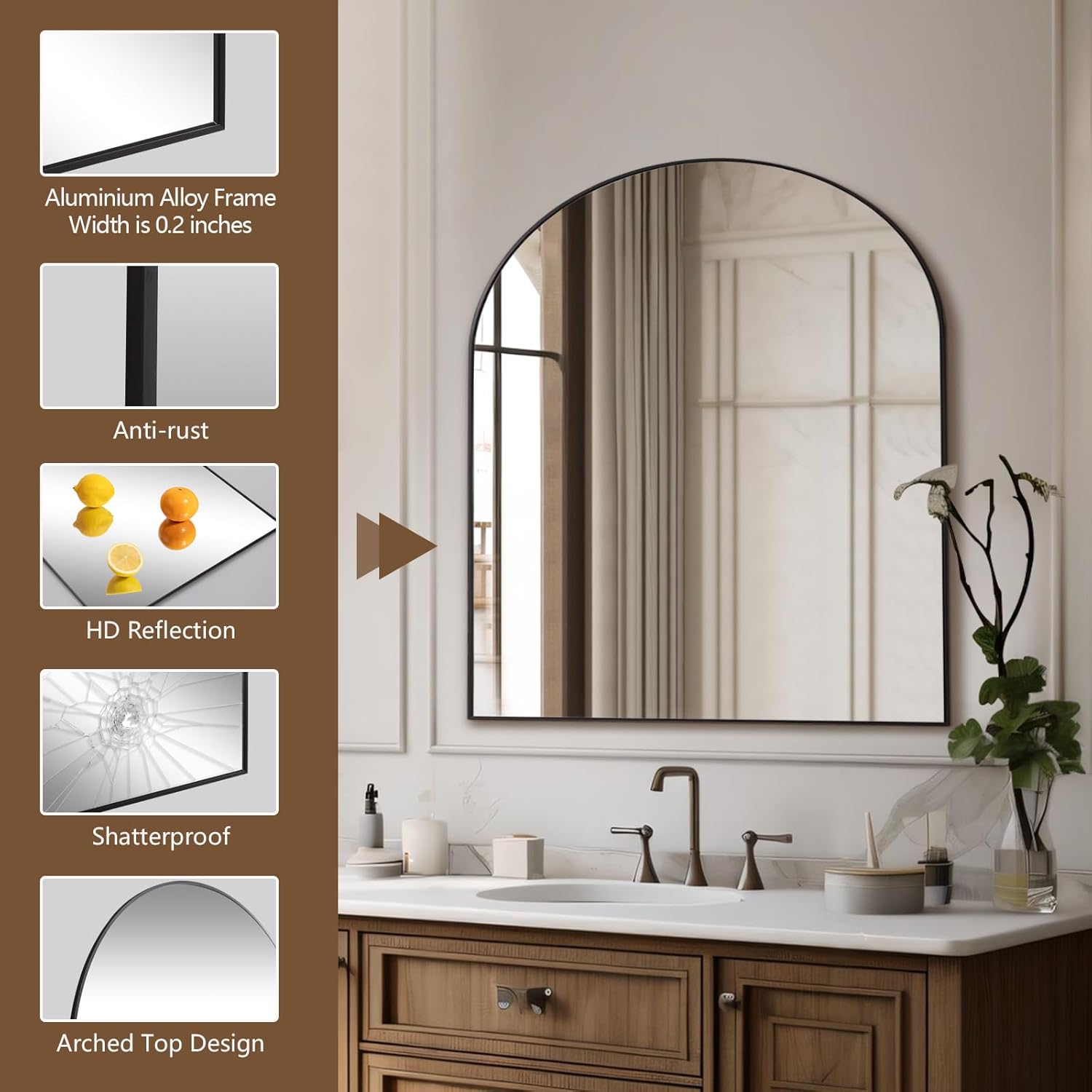 Mirrorons Espejo de baño arqueado de 33 x 31 pulgadas, espejo de pared moderno negro con marco de metal, espejo de tocador de baño con parte