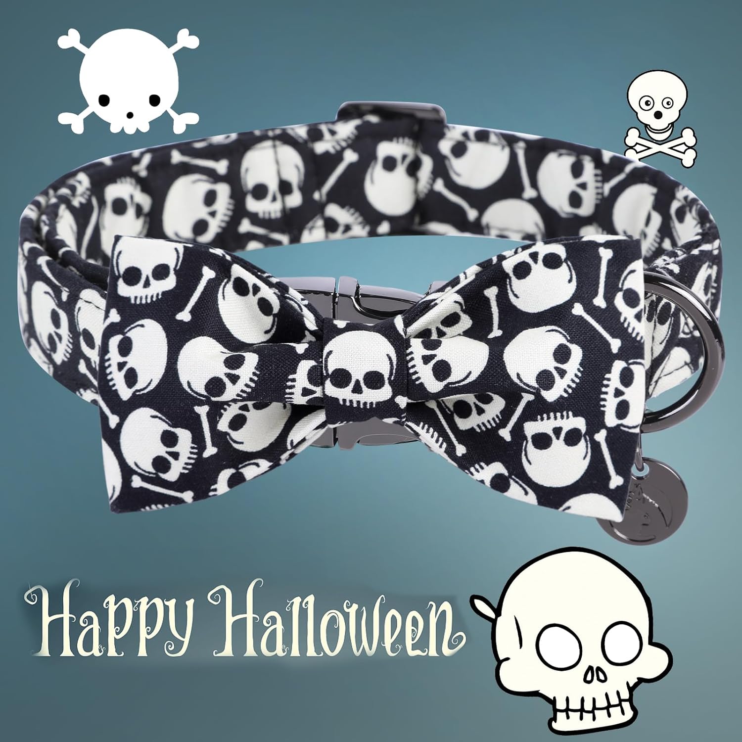 DOGWONG Collar de perro fantasma de Halloween con corbatín, collar de perro de calavera negra para Halloween, duradero y suave, collar de perro para