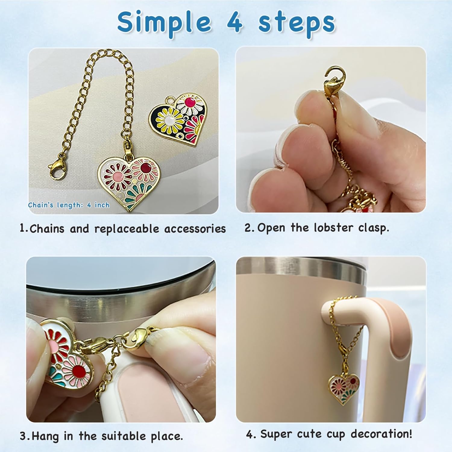 CIZULFY Abalorio para accesorios de copa Stanley, 2 dijes de corazón para StanleySimple ModernYeti Cup con asa, Stanley Cup Charms para Stanley