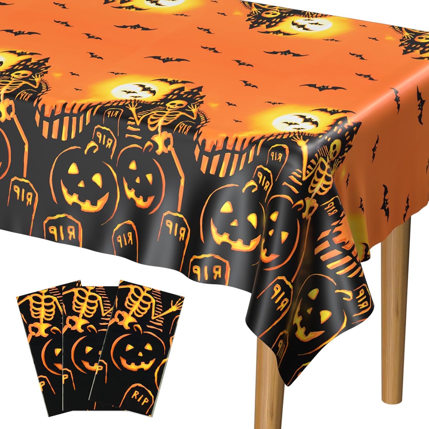 PLULON Paquete de 3 manteles de Halloween de 54 x 108 pulgadas, diseño de calabaza, murciélago, esqueleto, calavera, mantel de plástico para