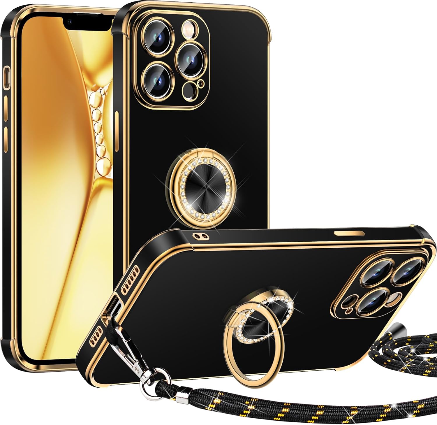 Miss Arts Funda para iPhone 13 Pro Max, funda con soporte de anillo de lujo galvanizado con correa de cordón, bonita funda de TPU suave para iPhone