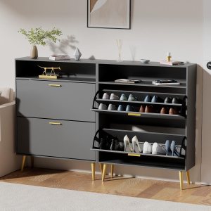 JOZZBY Juego de 2 zapateros para entrada, armario negro con 2 cajones abatibles, armario delgado de almacenamiento de zapatos, organizador de JOZZBY Juego de 2 zapateros para entrada, armario negro con 2 cajones abatibles, armario delgado de almacenamiento de zapatos, organizador de