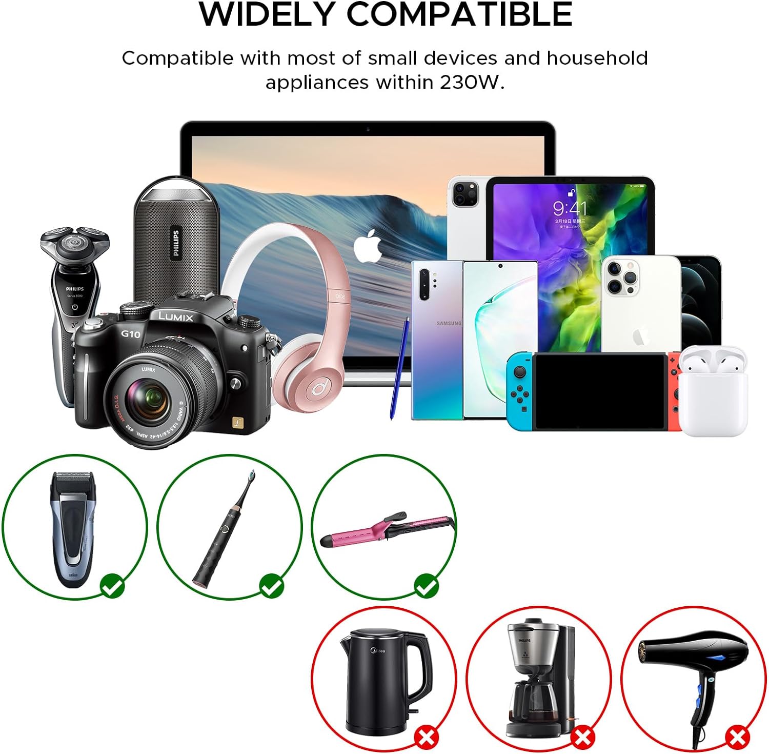 Convertidor de 220 V a 110 V, convertidor de voltaje descendente Key Power de 230 vatios y convertidor de corriente, adaptador de corriente de viaje