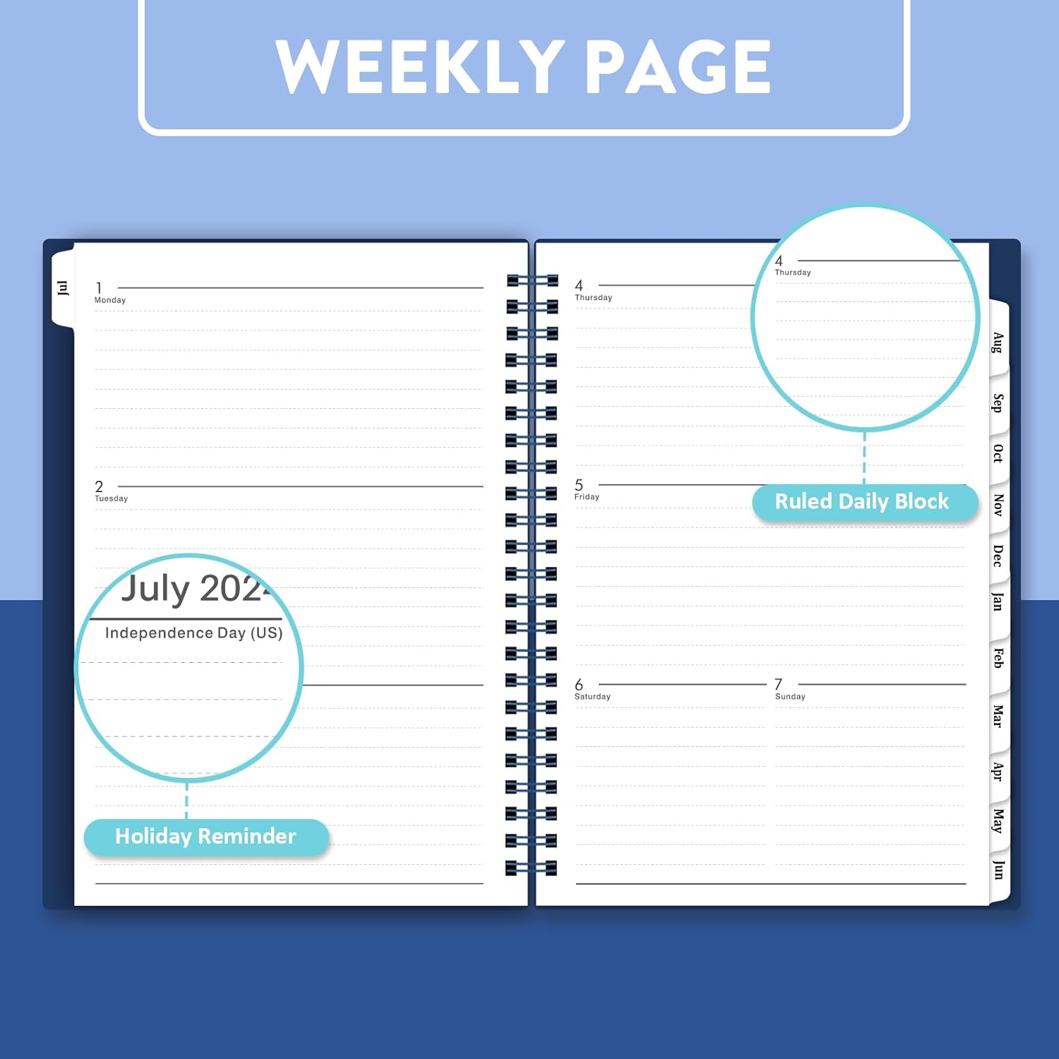 Agenda 2024-2025, agenda semanal y mensual con pestañas, calendario 2024-2025 con tapa flexible, papel grueso A5, encuadernación de doble alambre,