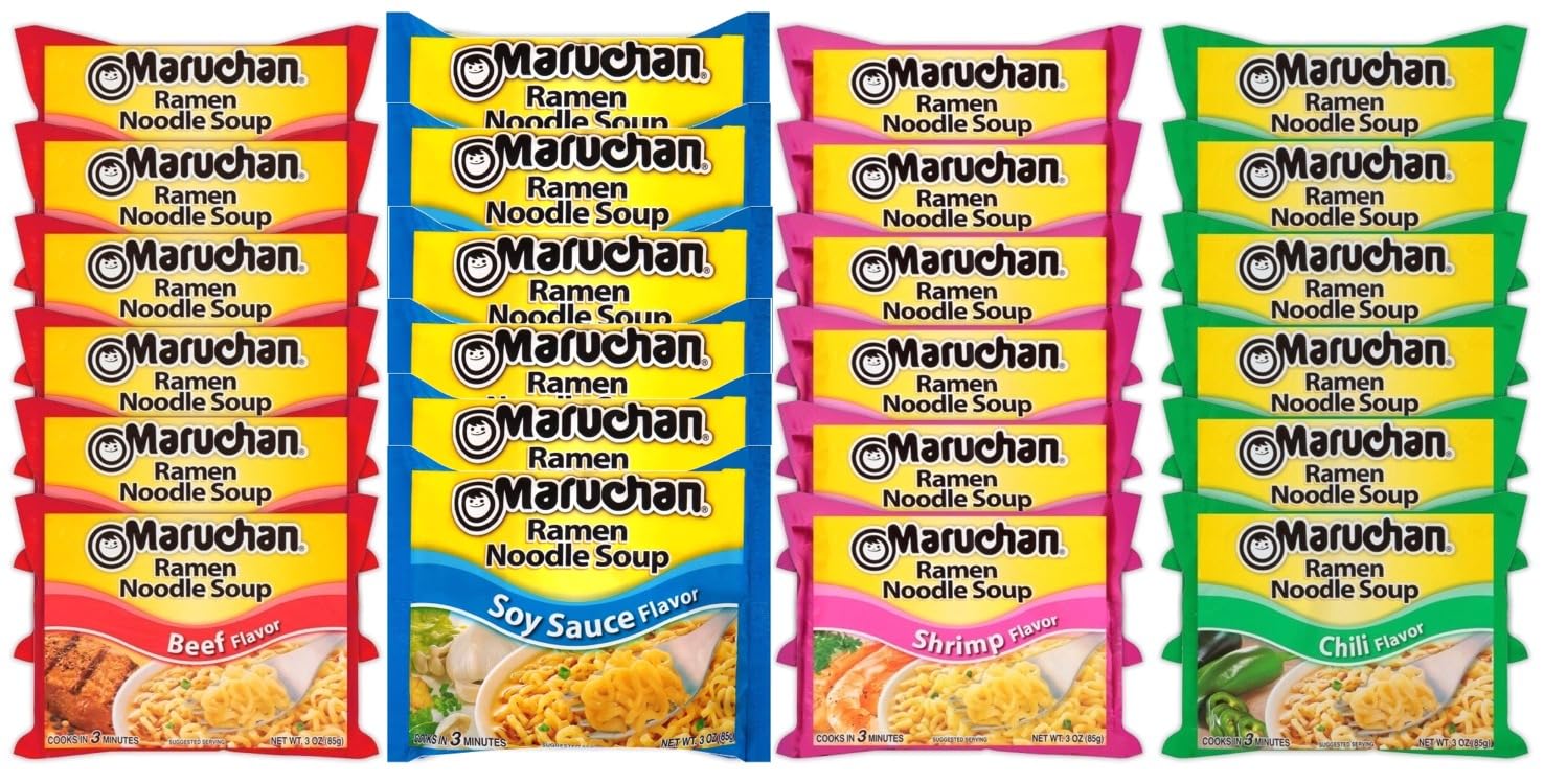 Maruchan Ramen – Mezcla variada de sopa de fideos instantáneos, 24 paquetes, 4 sabores  6 paquetes de salsa de soja, paquete de 6 de carne de res, 6