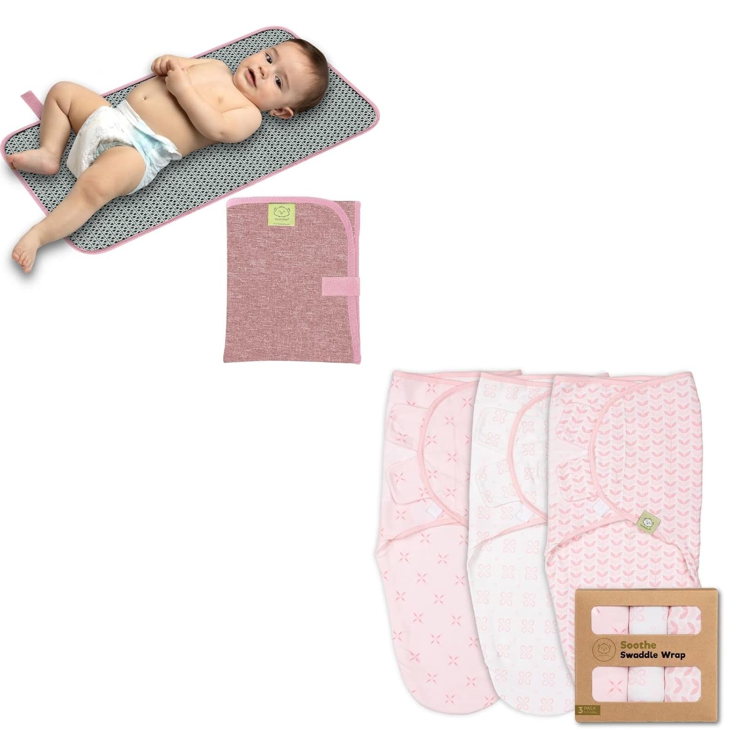 KeaBabies Cambiador de pañales portátil y paquete de 3 sacos de dormir para bebé, tapete cambiador plegable impermeable para bebé, manta orgánica