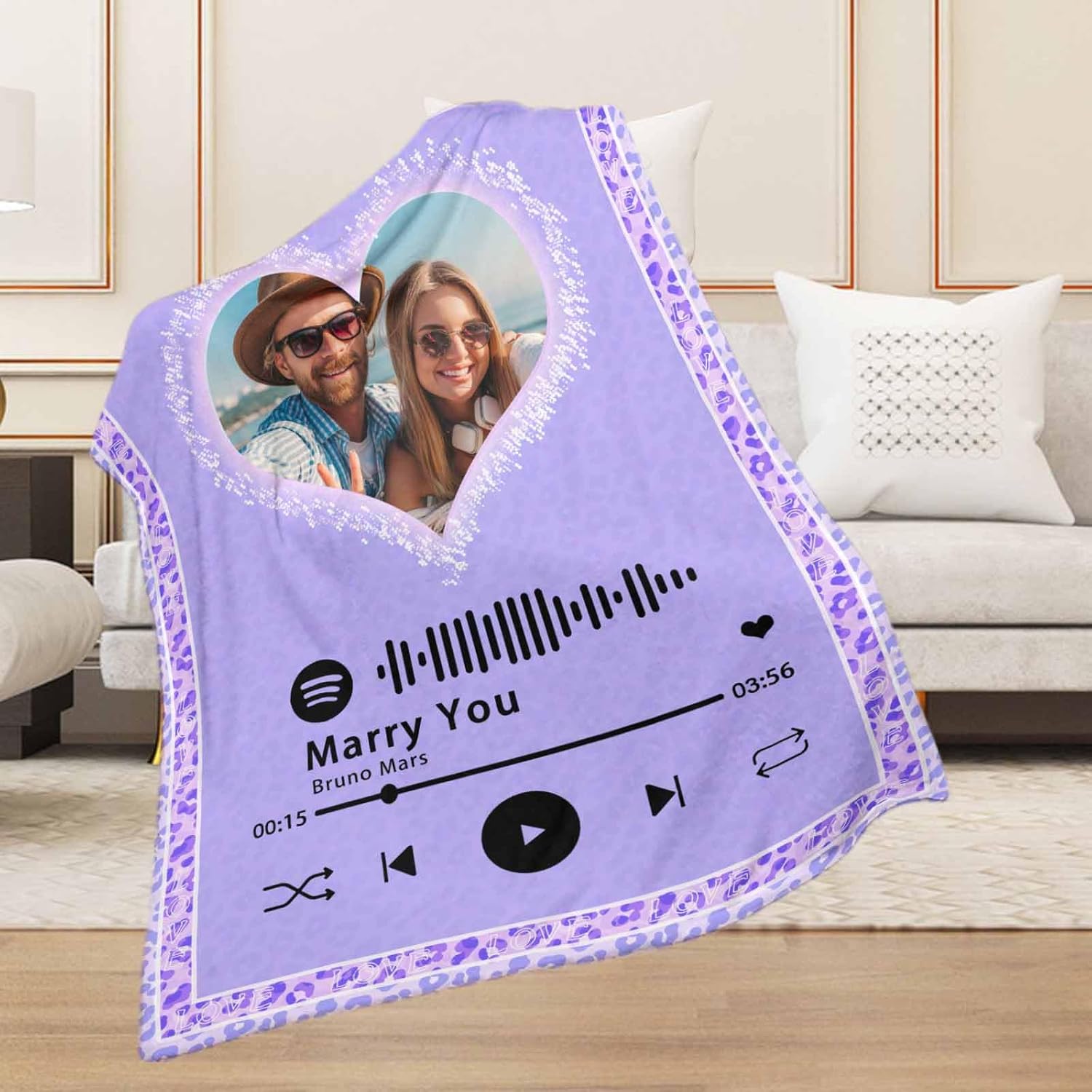 Manta de música personalizada con código de Spotify con foto, manta de texto personalizada para parejas, enamorados, regalos conmemorativos para
