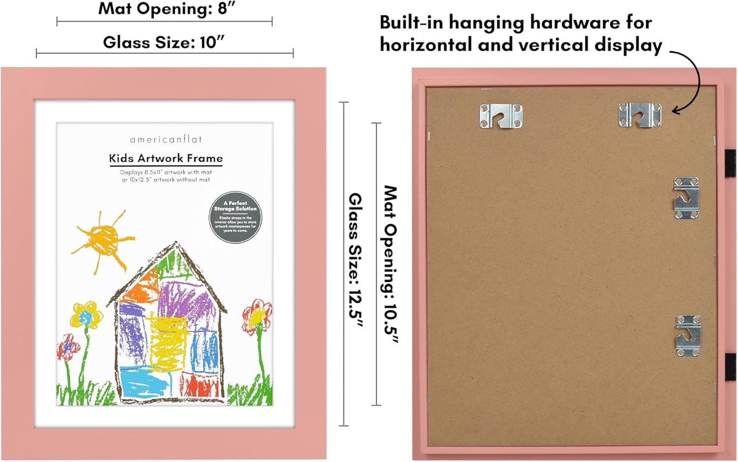 Americanflat Marco para obras de arte infantiles, carga frontal, rosa melocotón, 8.5 x 11 pulgadas con paspartú o 10 x 12.5 sin él, formato de