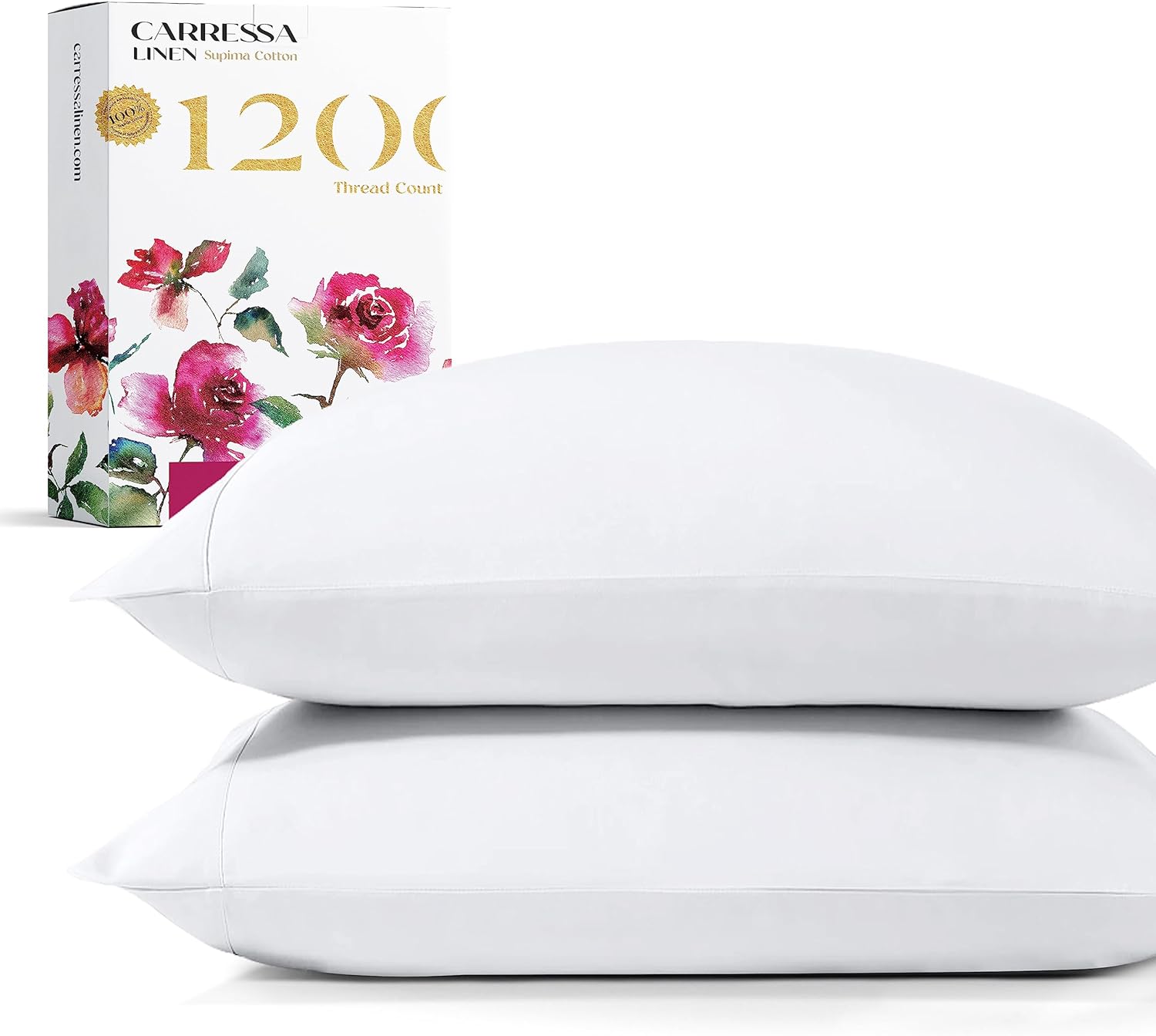 Carressa Linen Juego de 2 fundas de almohada de lujo de 100 % algodón Supima de 1200 hilos, tamaño estándarQueen, color blanco, tejido de satén