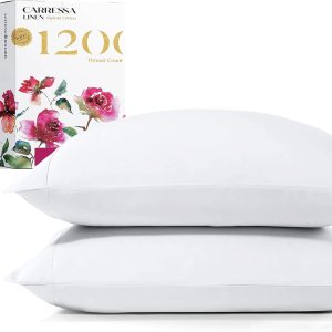 Carressa Linen Juego de 2 fundas de almohada de lujo de 100 % algodón Supima de 1200 hilos, tamaño estándarQueen, color blanco, tejido de satén Carressa Linen Juego de 2 fundas de almohada de lujo de 100 % algodón Supima de 1200 hilos, tamaño estándarQueen, color blanco, tejido de satén