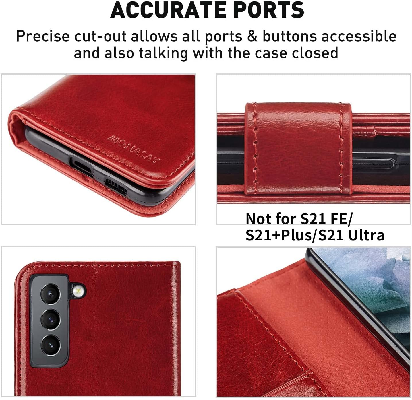MONASAY Funda tipo cartera compatible con Galaxy S21 5G, 6.2 pulgadas, protector de pantalla incluido, bloqueo RFID, funda de piel con tarjetero y