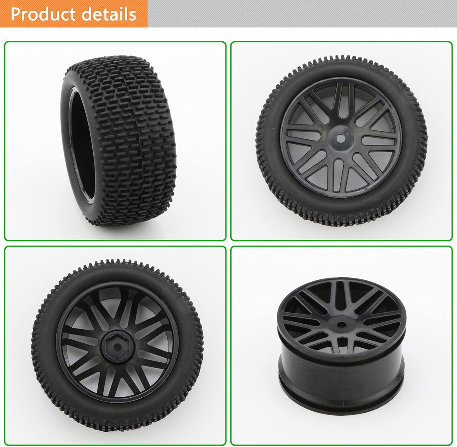 Paquete de 4 ruedas RC, 110 RC, neumáticos RC 110 todoterreno de goma y llanta HEX de 0.472 pulgadas, color negro con insertos de espuma para