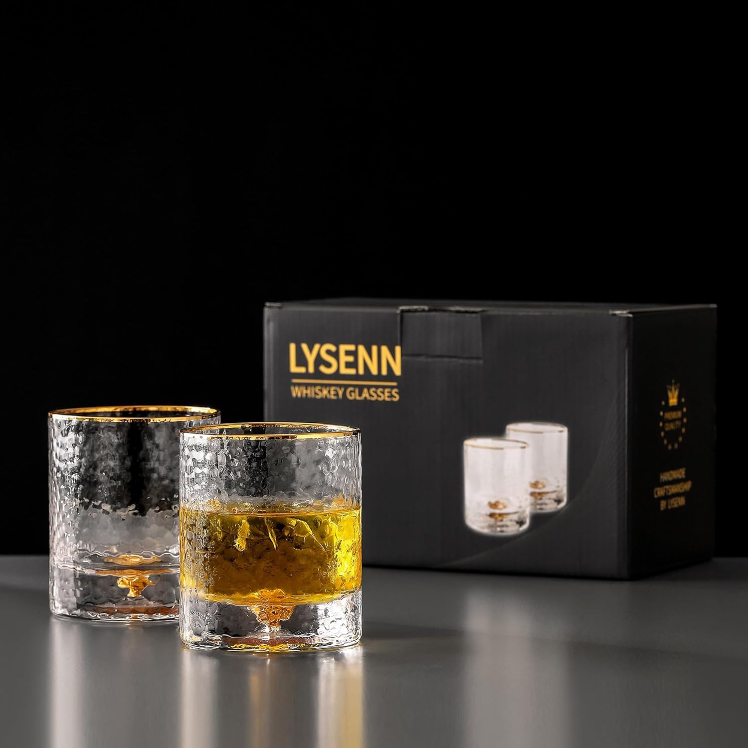 Lysenn Vasos de whisky para hombre, vidrio antiguo con copos dorados para beber, vidrio de bourbon soplado a mano para hombres, 10 onzas líquidas,