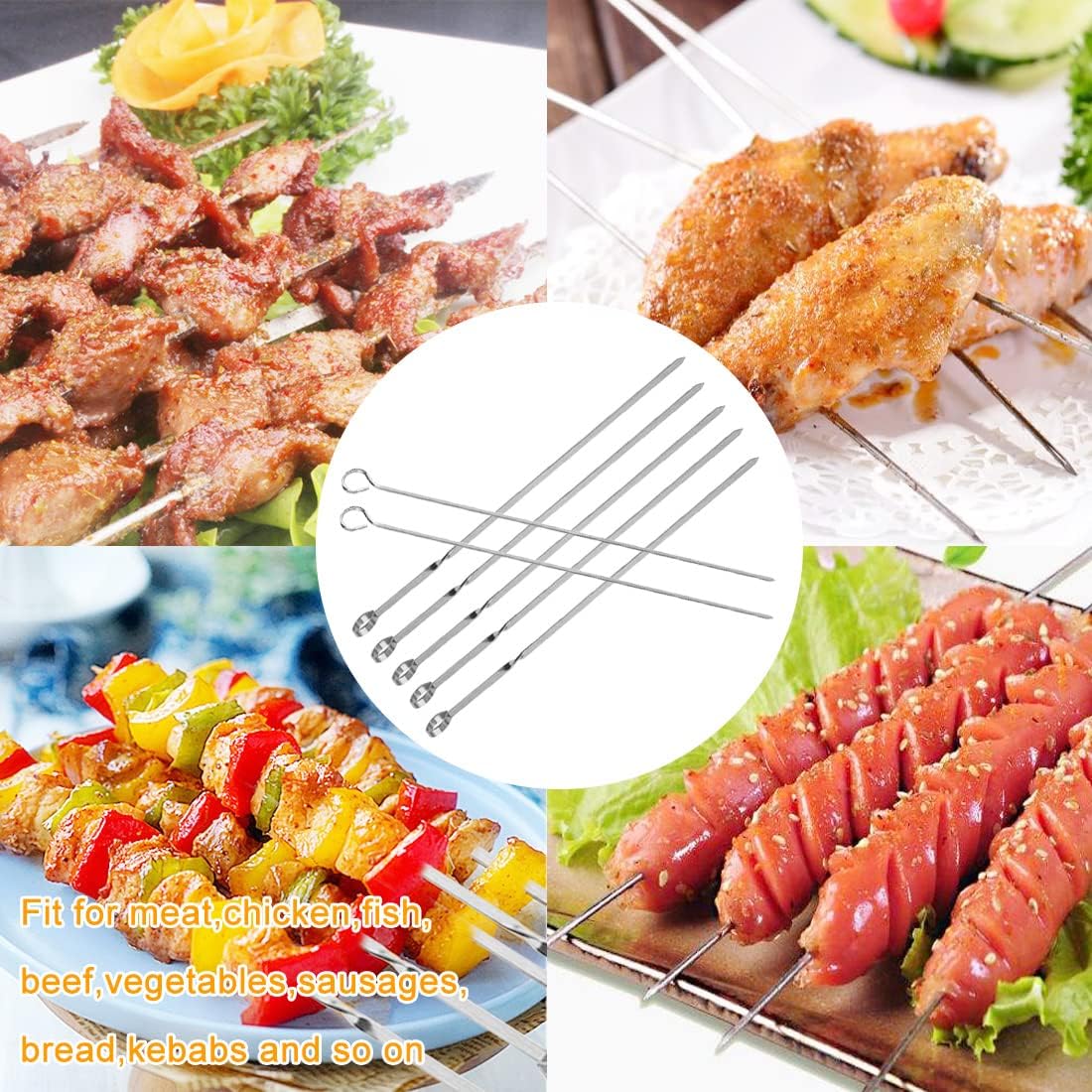 Brochetas Kabob de 20 piezas pinchos planos largos de metal para asar a la parrilla, pinchos de acero inoxidable de 15 pulgadas para barbacoa y