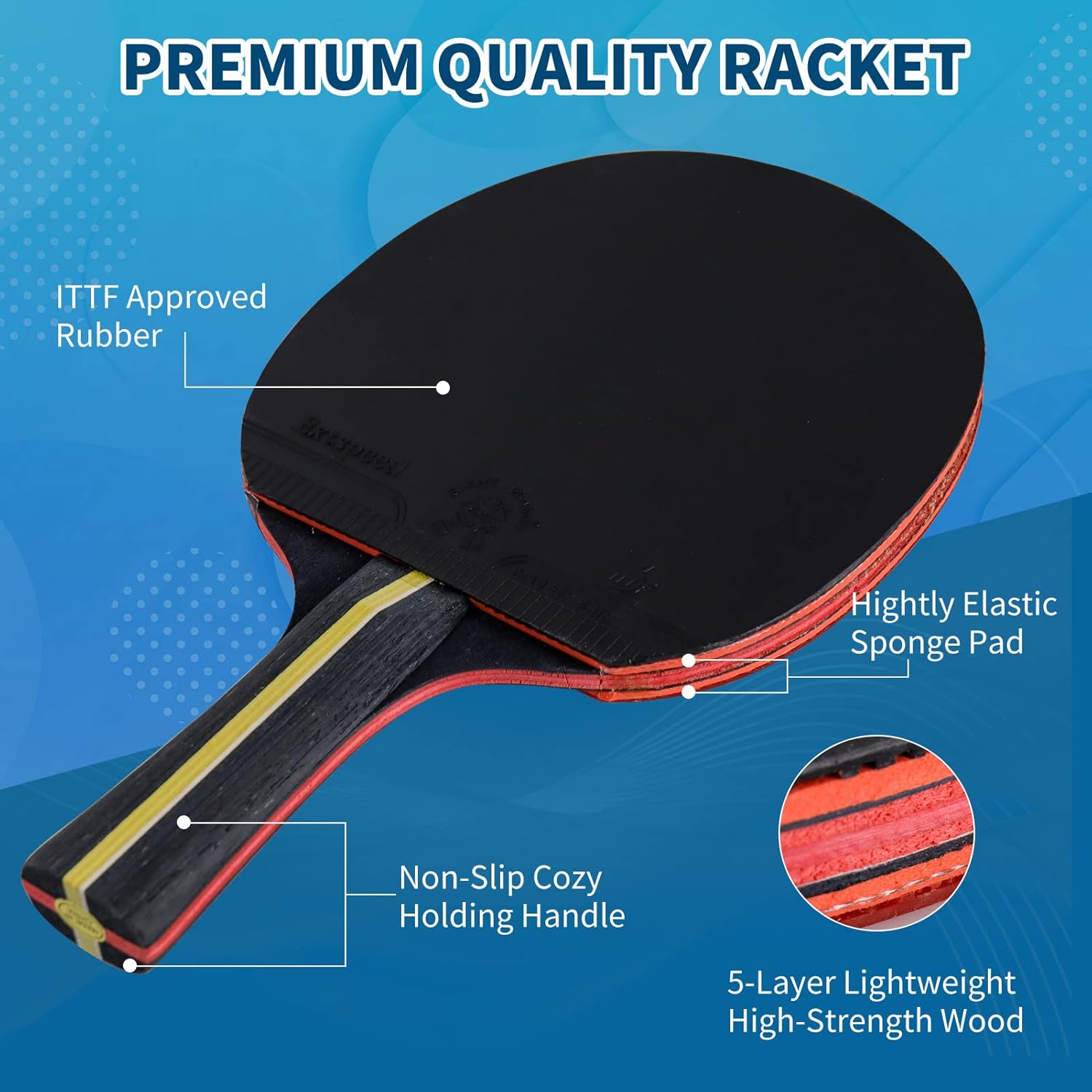 Juego de 4 palas de ping pong, palas de tenis de mesa de 5 capas con 8 pelotas y estuche de transporte, raquetas de goma de esponja suave y pelotas