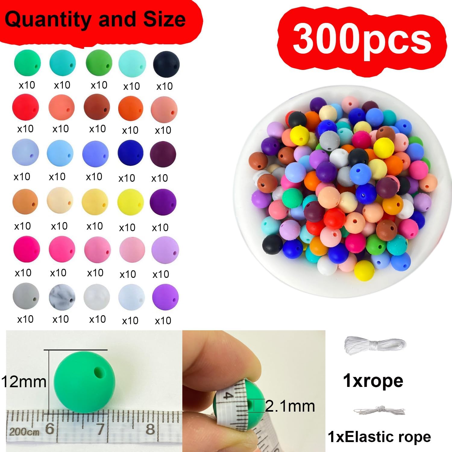 300 cuentas de silicona, cuentas redondas de silicona de 0.472 pulgadas a granel para hacer llaveros, 30 colores, cuentas focales de silicona,