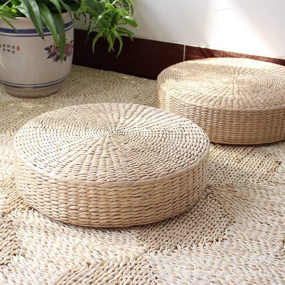 Paquete de 2 cojines de suelo de tatami para sentarse, tamaño más grande, acolchados, redondos, con pajilla, para asiento al aire libre (diámetro