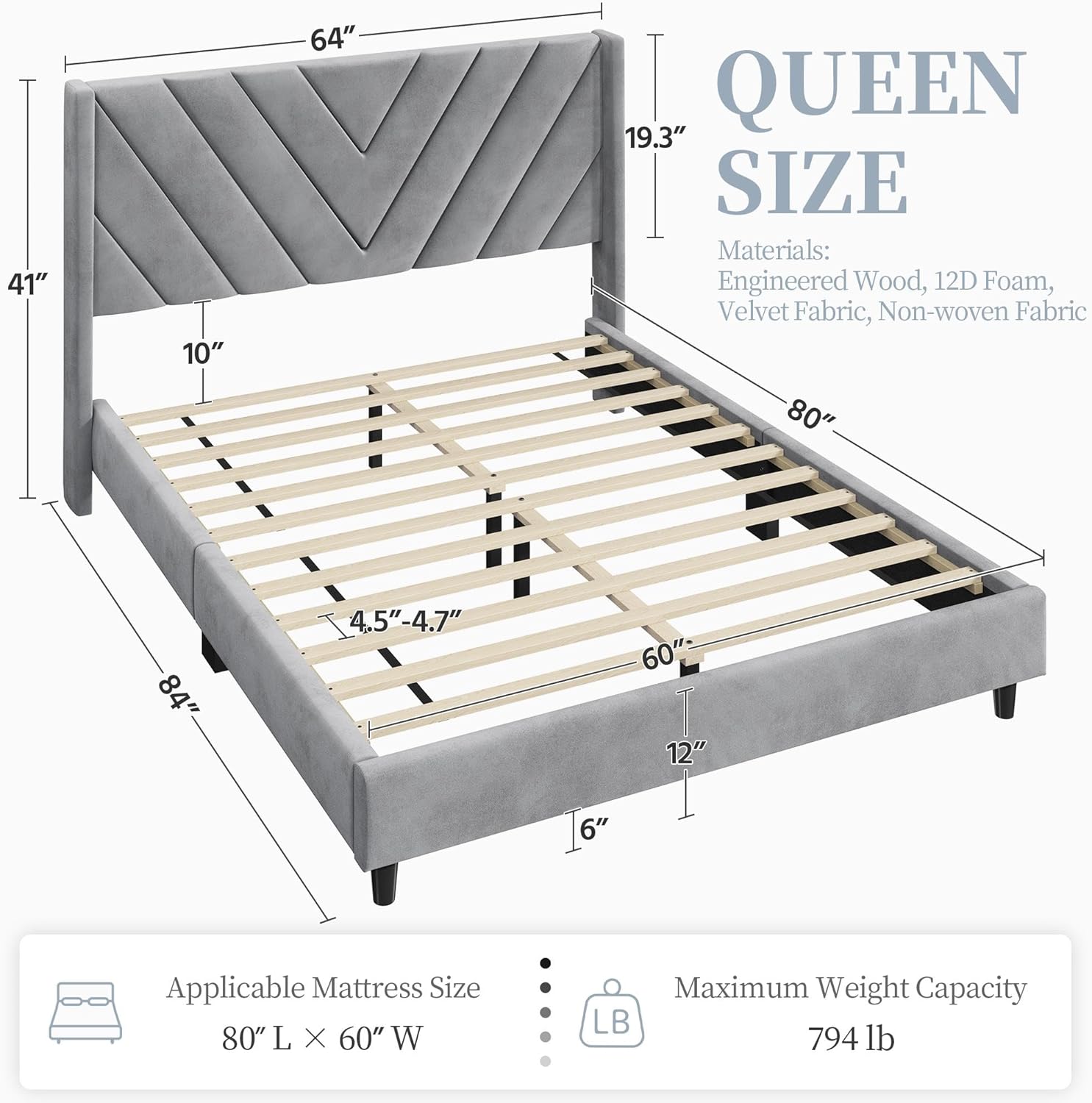 Yaheetech Base de cama Queen con plataforma tapizada con lado de alasoporte de listones de maderacabecera capitonada con lado de alabase de
