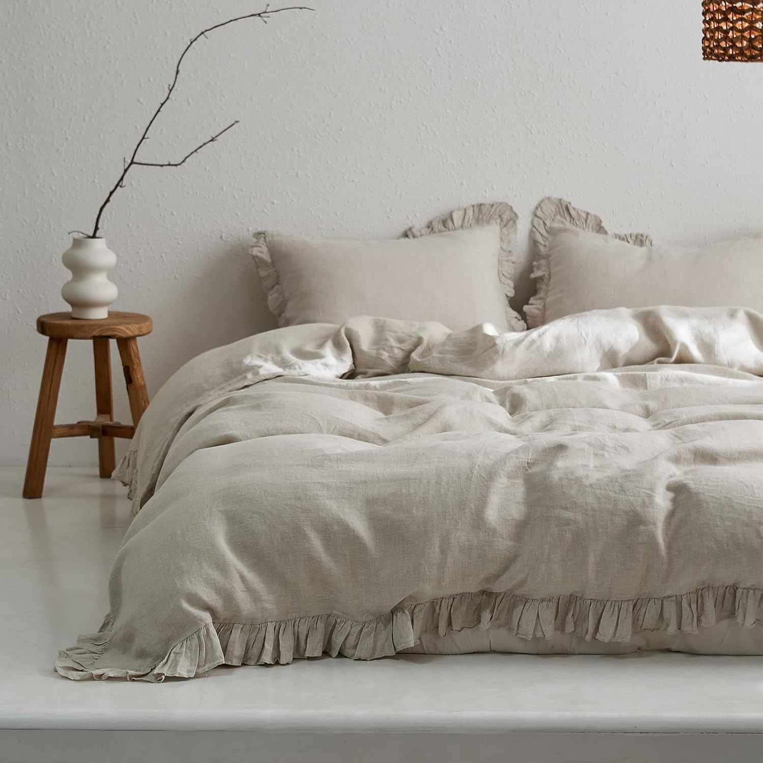 Simple&Opulence – Juego de funda de duvet de 3 piezas tamaño full, 100% lino lavado con volantes, incluye 1 funda de duvet y 2 fundas de almohada