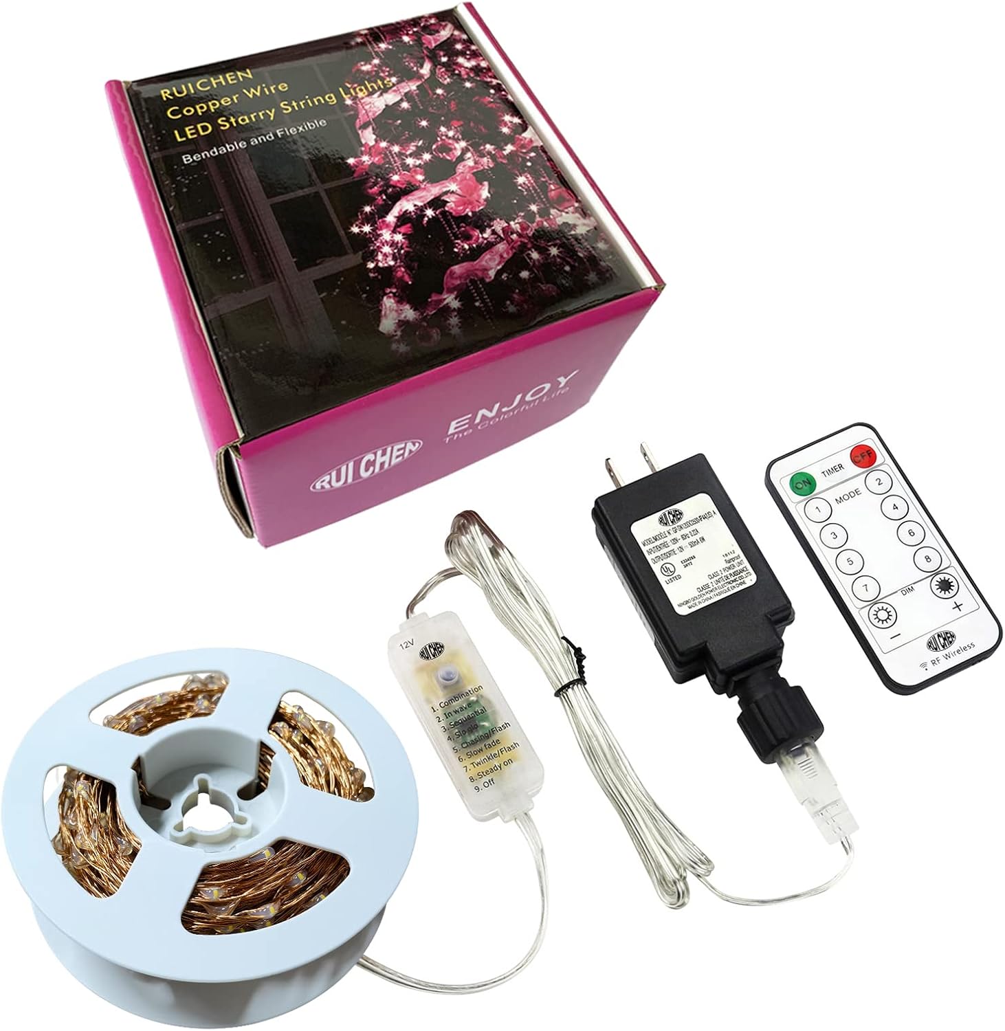 Guirnalda de luces regulables enchufables de 72 pies, 200 luces LED de alambre de cobre parpadeantes con temporizador remoto RF, rojo