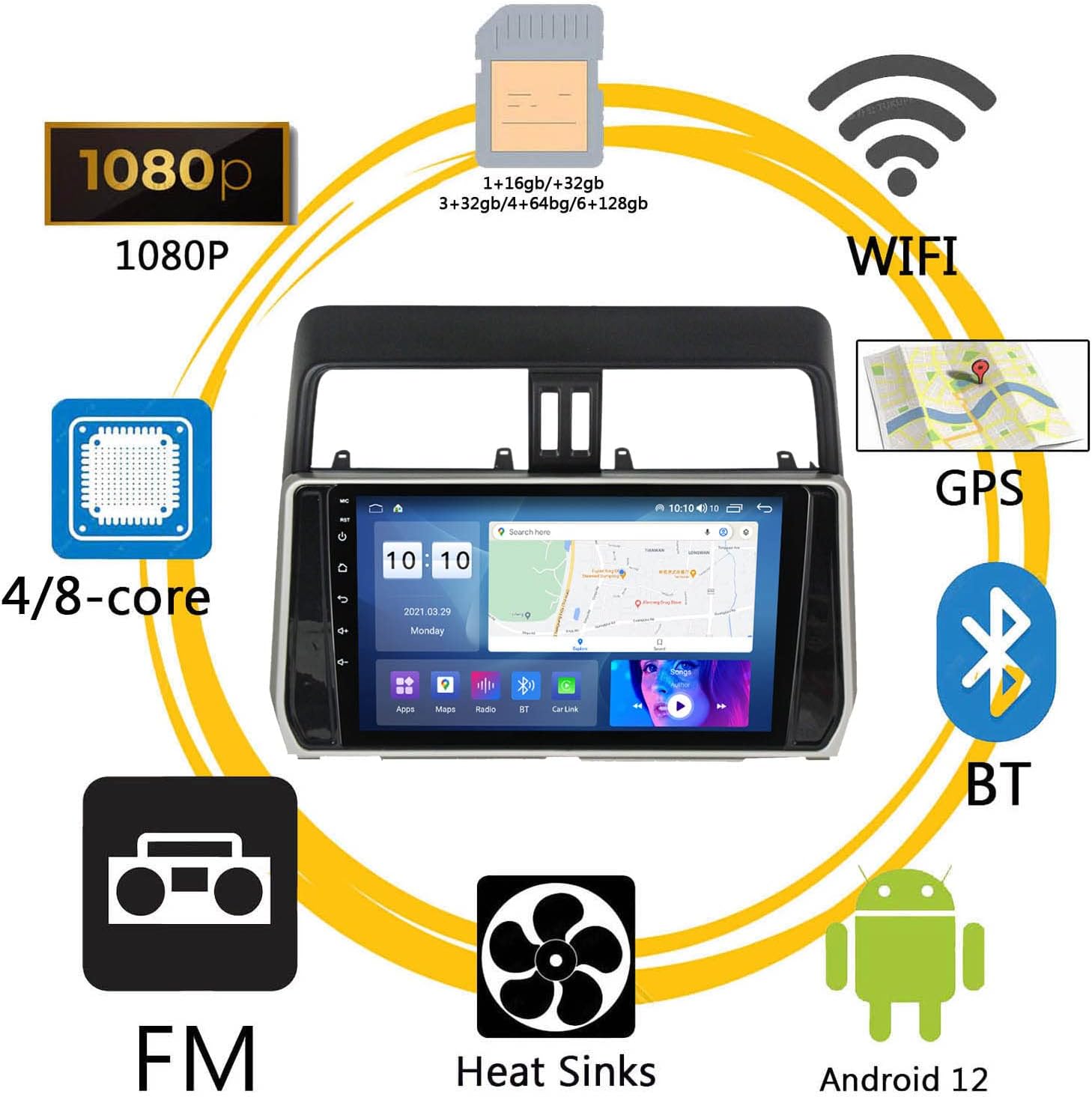 Estéreo de coche Android 12 para Toyota Prado 2017-2018 con Carplay inalámbrico y Android Auto inalámbrico 9 pulgadas pantalla táctil radio de