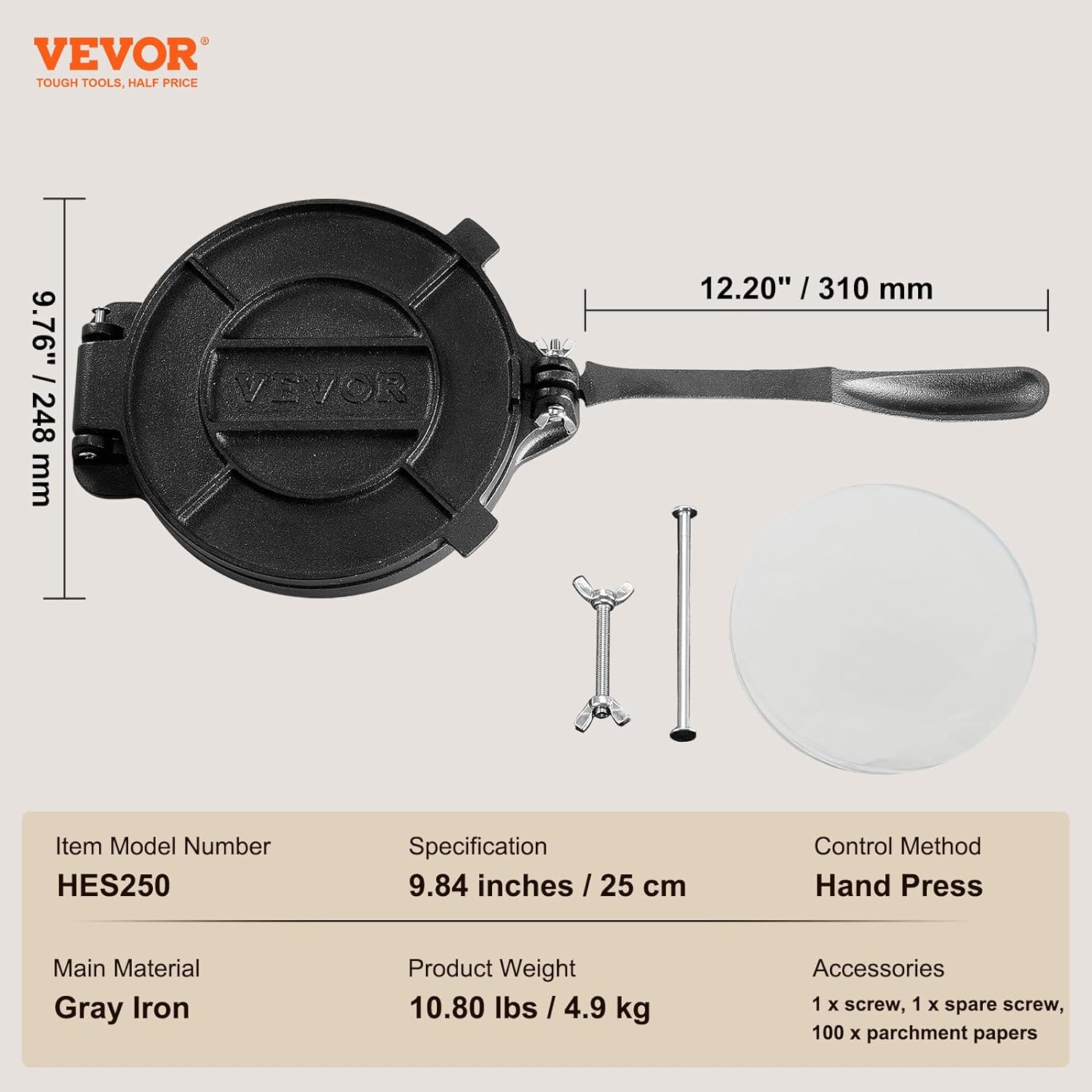 VEVOR Prensa de tortilla, máquina de tortilla y Roti de 10 pulgadas, prensa de tortilladora resistente de hierro fundido, máquina de pataconera