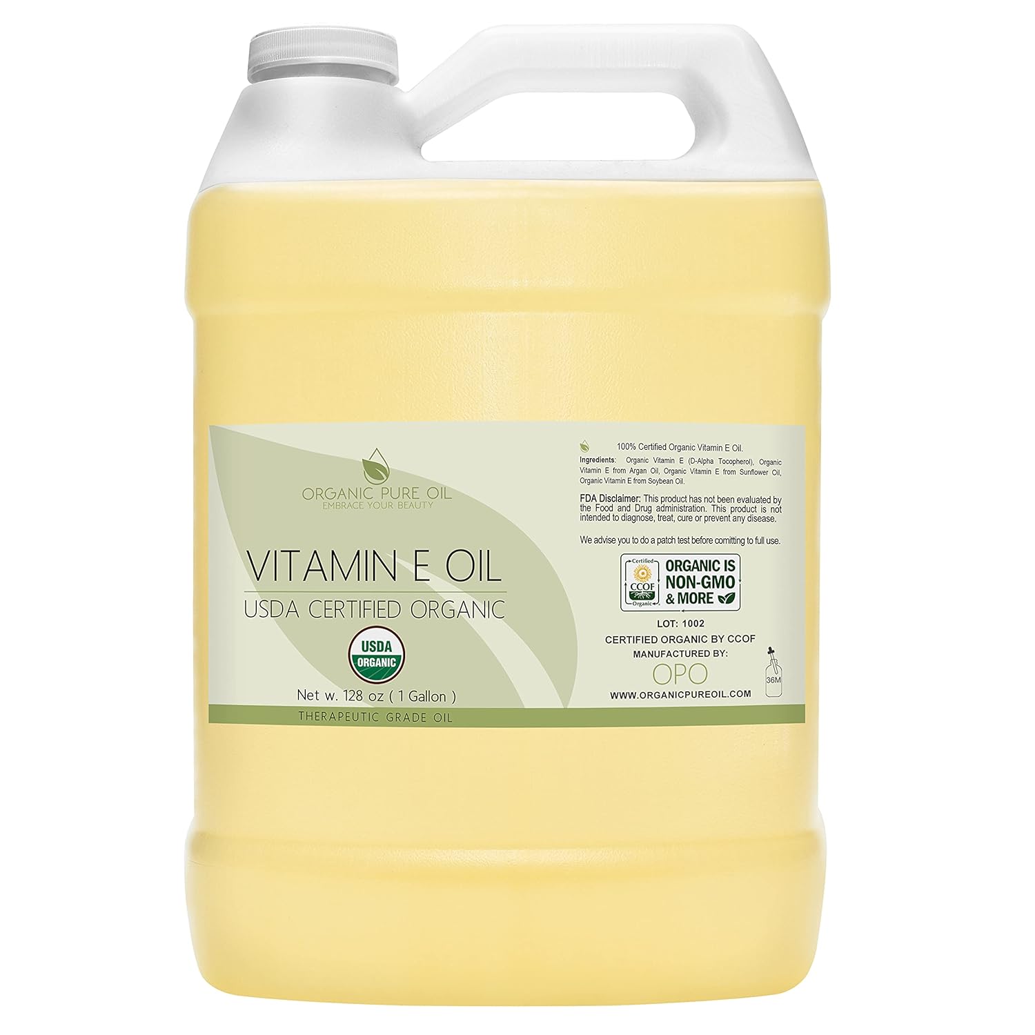 Aceite de vitamina E  Orgánico, 43,000 UI, 100% natural vegano de crueldad (128 onzas  1 galón), extra fuerte a granel libre para cara, piel,