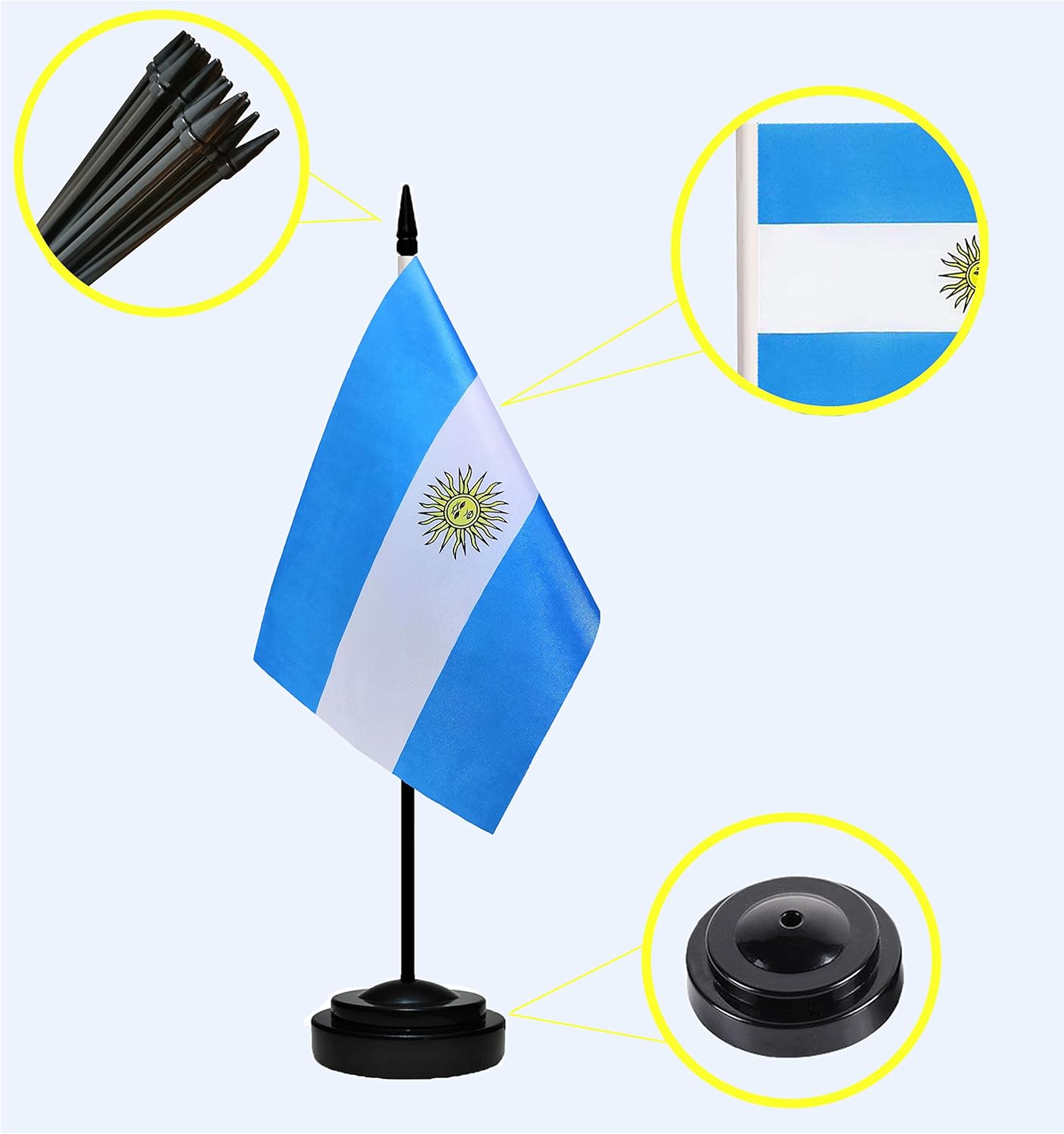 Juego de banderas argentinas de escritorio con poste negro de 13 pulgadas, base negra y parte superior de lanza, bandera de escritorio argentina de