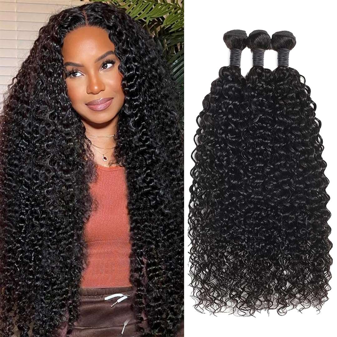 3 paquetes de cabello humano rizado, paquetes de cabello humano ondulado Jerry, paquetes de cabello humano virgen brasileño grado 10A, extensiones