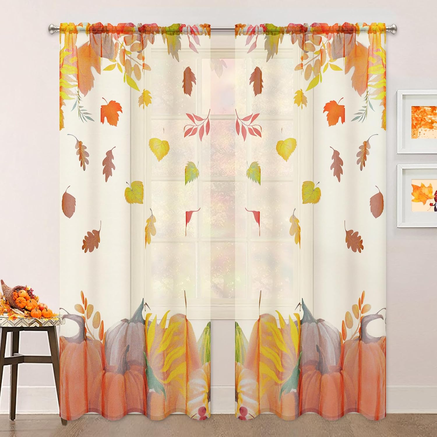 Alishomtll Cortinas traslúcidas de otoño de 63 pulgadas de largo, juego de 2 paneles de cortinas de otoño, decoración de pared, cortinas