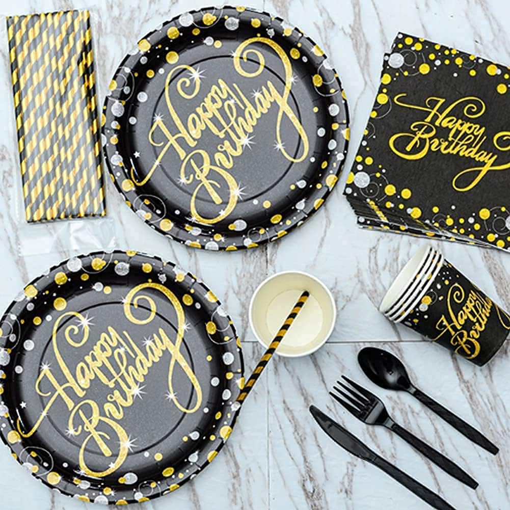 CrzPai Suministros de fiesta de cumpleaños negros y dorados, juegos de vajilla y servilletas para 24, juego de vajilla desechable con tenedores,